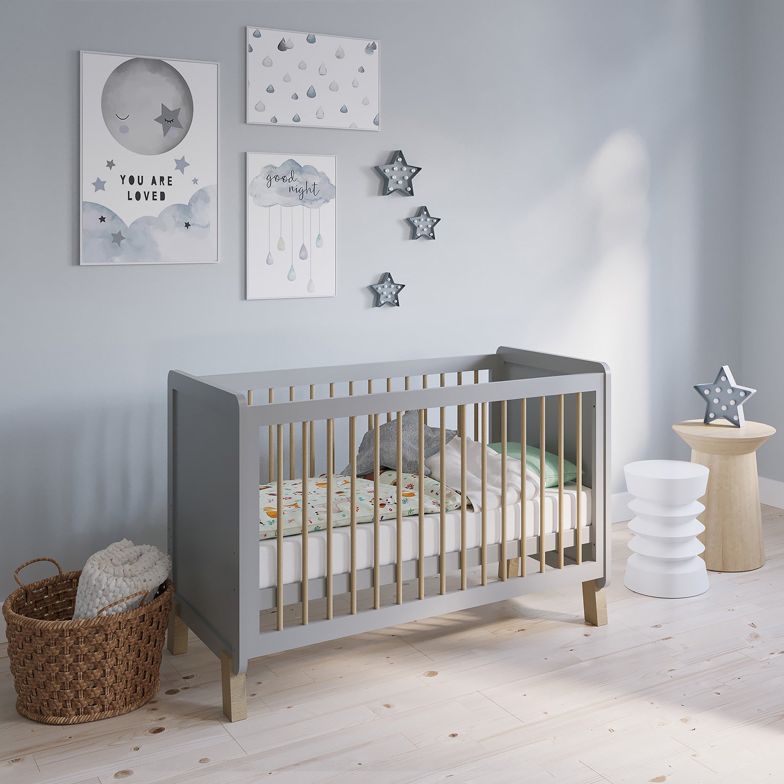 Kinderbett Nachteule Grau / Natur 120x60 – FabiMax