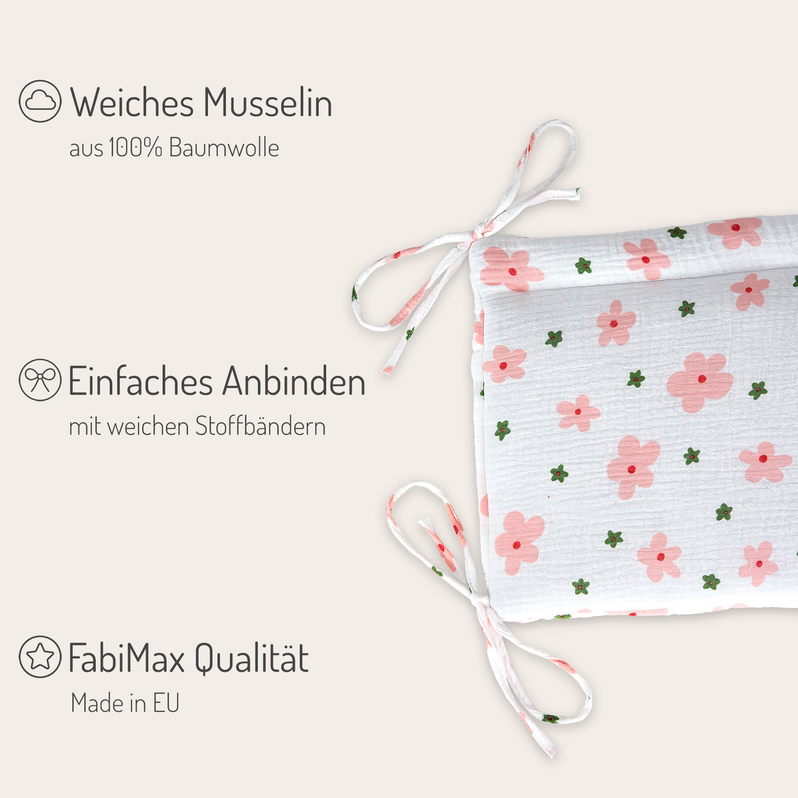 Musselin Textil-Komplettset für Beistellbett Blumen